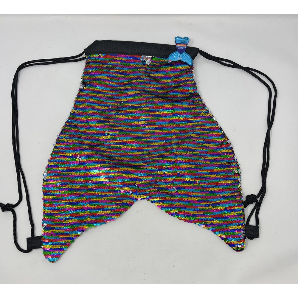 Kids Mermaid Tail Sequin Drawstring Backpack Bag Rainbow Glitter